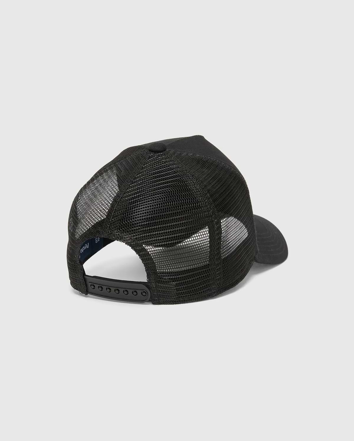 Black Mens Isaac Trucker Cap with a structured design, breathable mesh back panels, a classic curved brim, adjustable snapback closure, and a small blue Psycho Bunny tag.