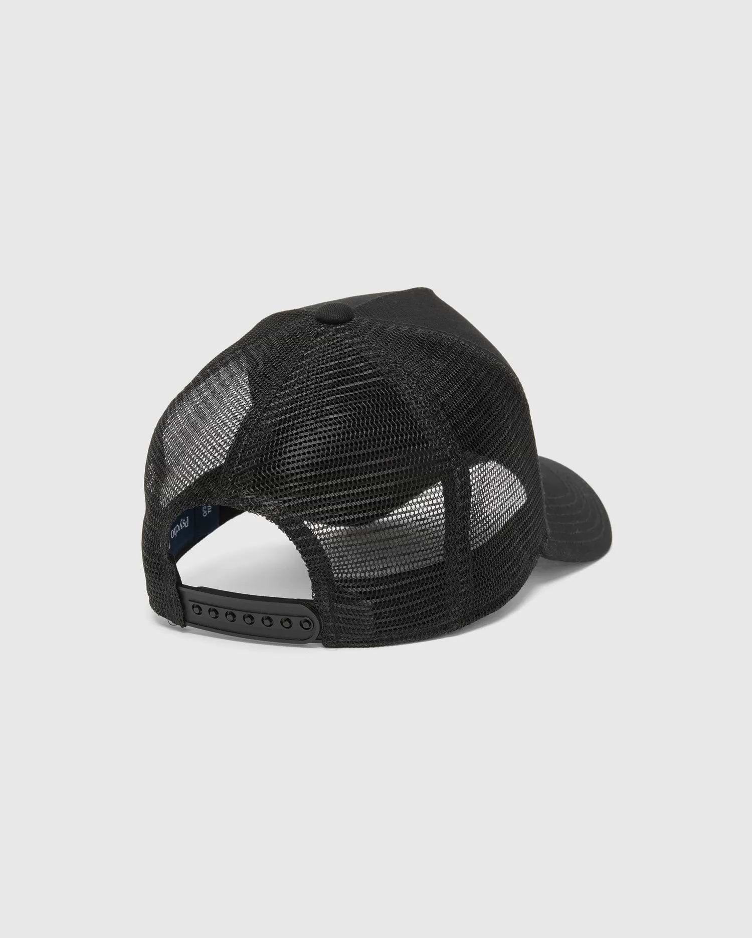 Black Mens Isaac Trucker Cap with a structured design, breathable mesh back panels, a classic curved brim, adjustable snapback closure, and a small blue Psycho Bunny tag.