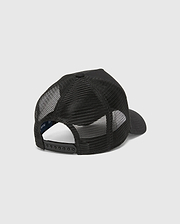 Black Mens Isaac Trucker Cap with a structured design, breathable mesh back panels, a classic curved brim, adjustable snapback closure, and a small blue Psycho Bunny tag.