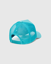 Mens Isaac Trucker Cap in vibrant aqua, featuring a breathable mesh back, solid front panels and brim, with an adjustable snapback closure.