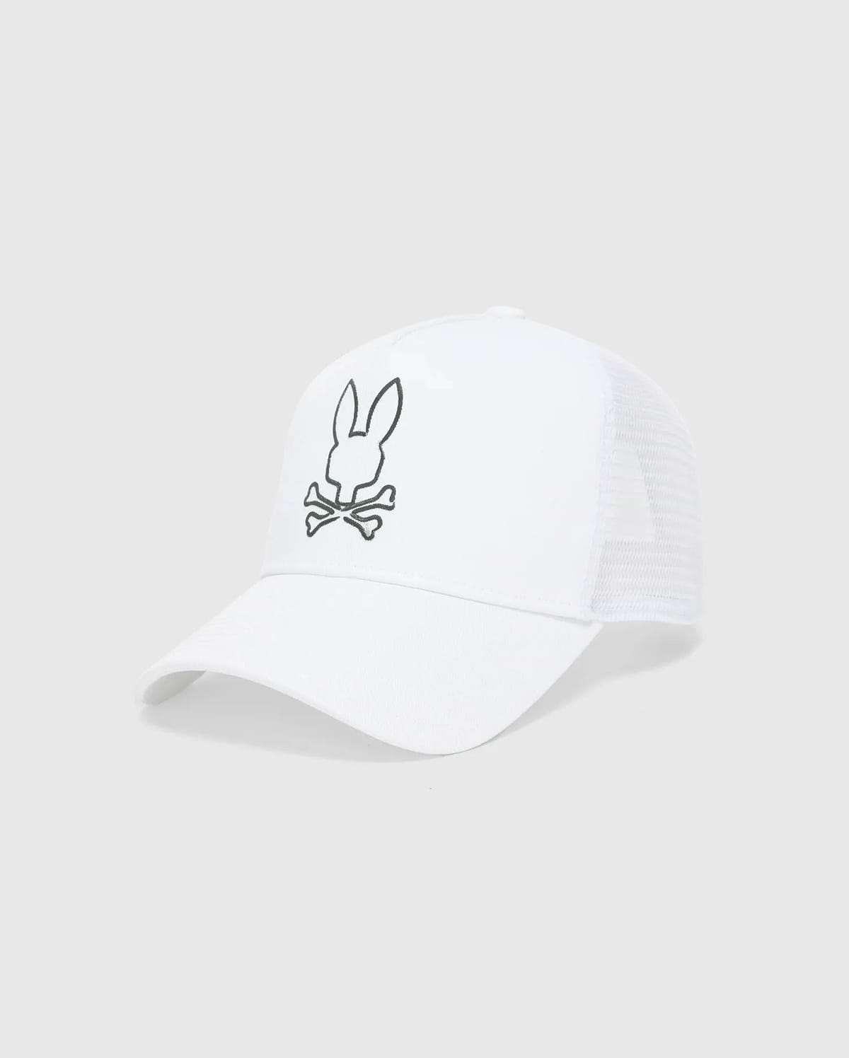 White Mens Duncan Wordmark Trucker Cap featuring a cotton twill front and breathable mesh back. A large, embroidered dark grey Psycho Bunny skull logo is centered on the front panel.
