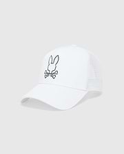 White Mens Duncan Wordmark Trucker Cap featuring a cotton twill front and breathable mesh back. A large, embroidered dark grey Psycho Bunny skull logo is centered on the front panel.