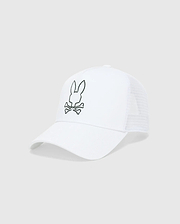 White Mens Duncan Wordmark Trucker Cap featuring a cotton twill front and breathable mesh back. A large, embroidered dark grey Psycho Bunny skull logo is centered on the front panel.