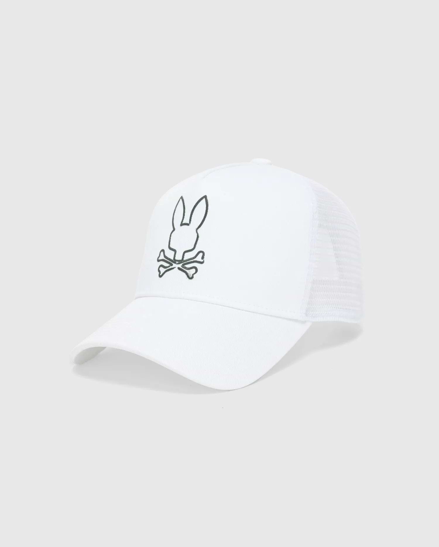 White Mens Duncan Wordmark Trucker Cap featuring a cotton twill front and breathable mesh back. A large, embroidered dark grey Psycho Bunny skull logo is centered on the front panel.