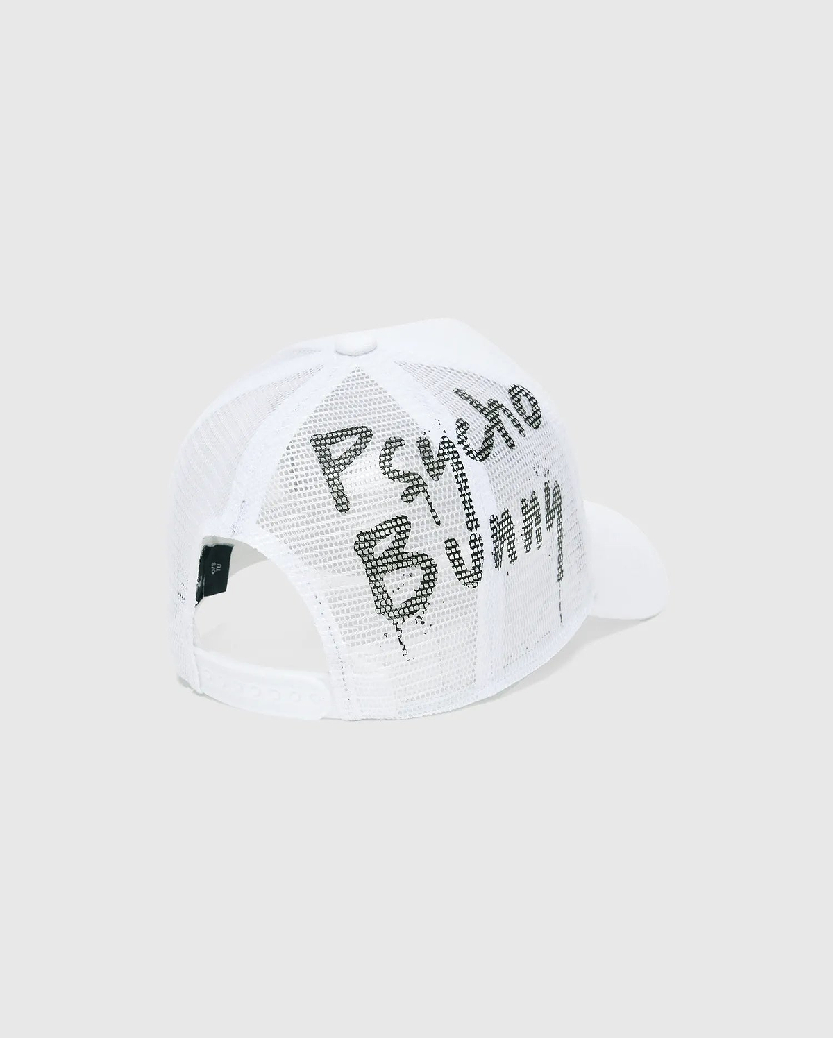Mens Duncan Wordmark Trucker Cap, white mesh back with a bold black distressed Psycho Bunny wordmark graphic, featuring a solid front panel and adjustable snapback.