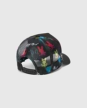 Mens Quintin Trucker Cap in black, featuring a vibrant multi-color Psycho Bunny skull print on the front panels and a breathable black mesh back with an adjustable snapback closure.