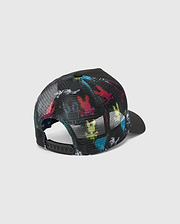 Mens Quintin Trucker Cap in black, featuring a vibrant multi-color Psycho Bunny skull print on the front panels and a breathable black mesh back with an adjustable snapback closure.
