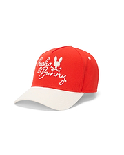 Mens Sable A-Frame Trucker Cap in vibrant red with a cream brim, featuring a large, central embroidered white Psycho Bunny skull and script logo on the front panel.
