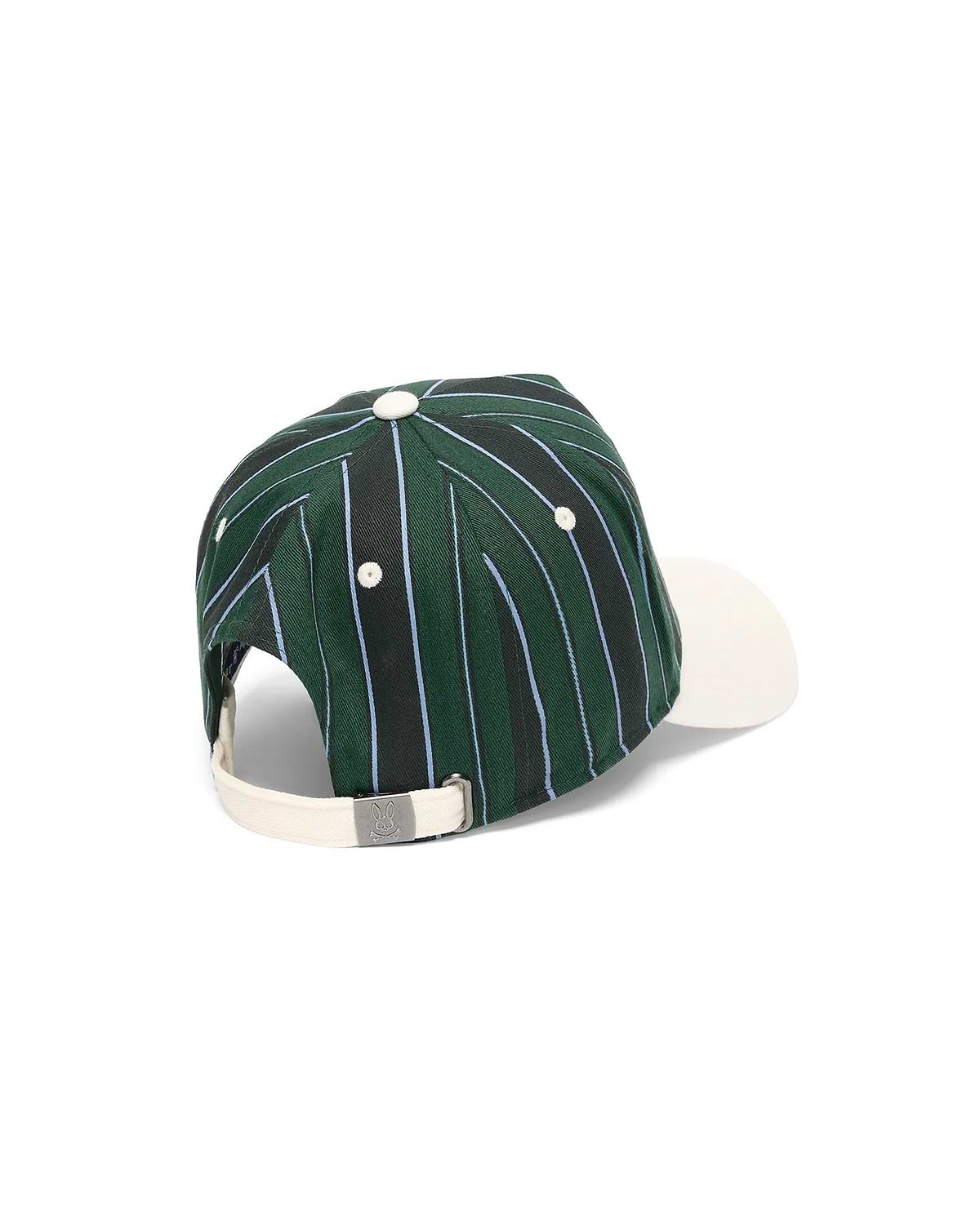 Mens Sable A-Frame Trucker Cap featuring a dark green woven body with black and light blue vertical stripes, an off-white brim, and a small Psycho Bunny skull logo on the metal buckle of the canvas-like adjustable back strap.