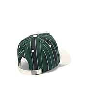 Mens Sable A-Frame Trucker Cap featuring a dark green woven body with black and light blue vertical stripes, an off-white brim, and a small Psycho Bunny skull logo on the metal buckle of the canvas-like adjustable back strap.