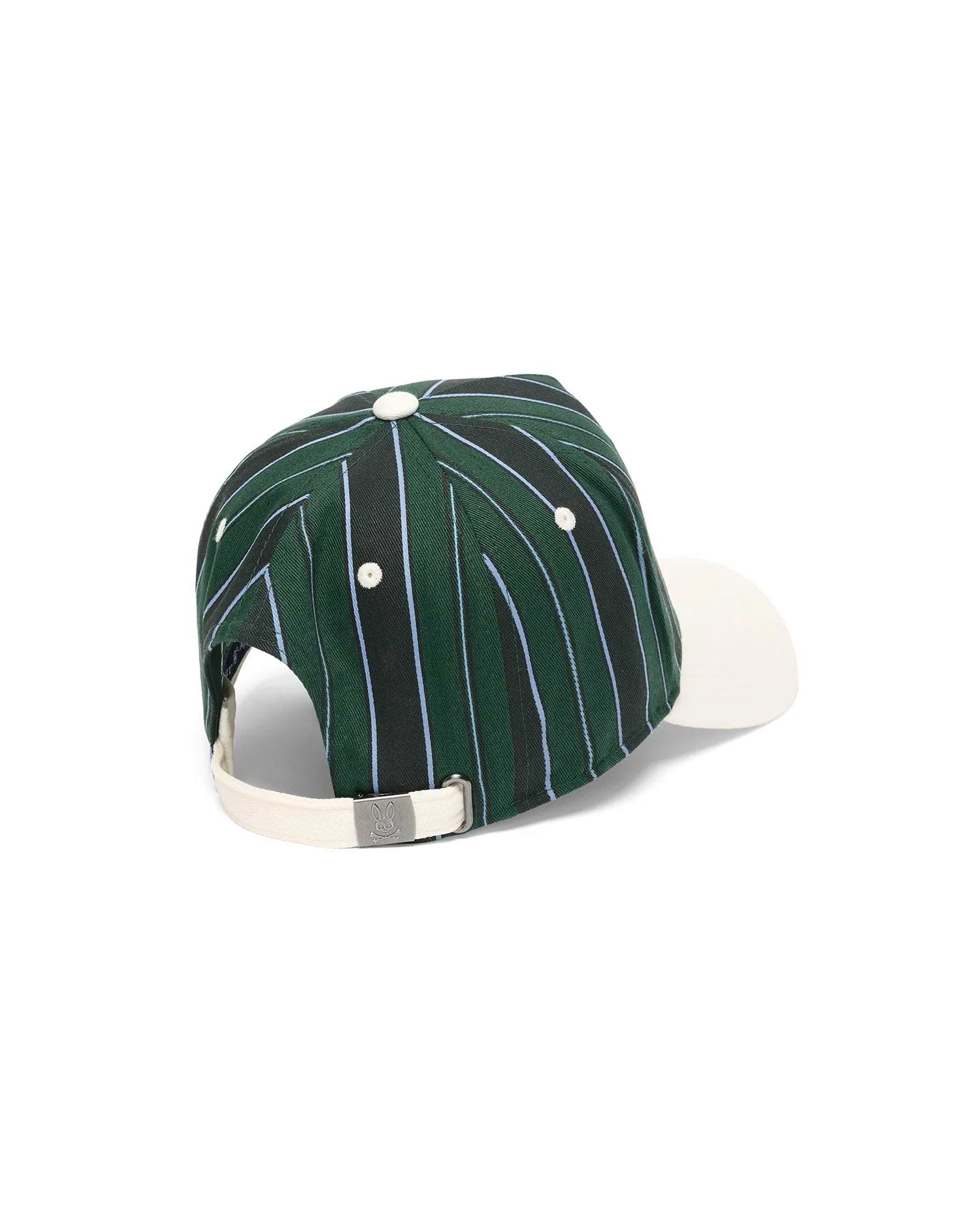Mens Sable A-Frame Trucker Cap featuring a dark green woven body with black and light blue vertical stripes, an off-white brim, and a small Psycho Bunny skull logo on the metal buckle of the canvas-like adjustable back strap.