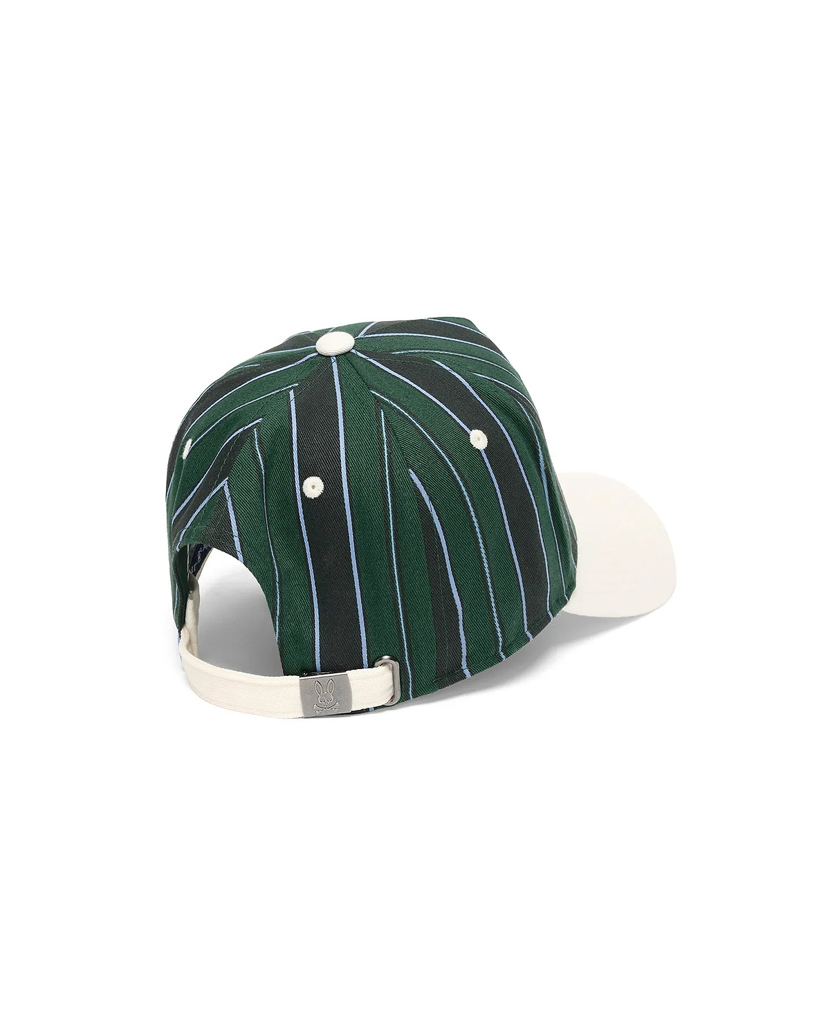 Mens Sable A-Frame Trucker Cap featuring a dark green woven body with black and light blue vertical stripes, an off-white brim, and a small Psycho Bunny skull logo on the metal buckle of the canvas-like adjustable back strap.