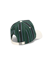 Mens Sable A-Frame Trucker Cap featuring a dark green woven body with black and light blue vertical stripes, an off-white brim, and a small Psycho Bunny skull logo on the metal buckle of the canvas-like adjustable back strap.