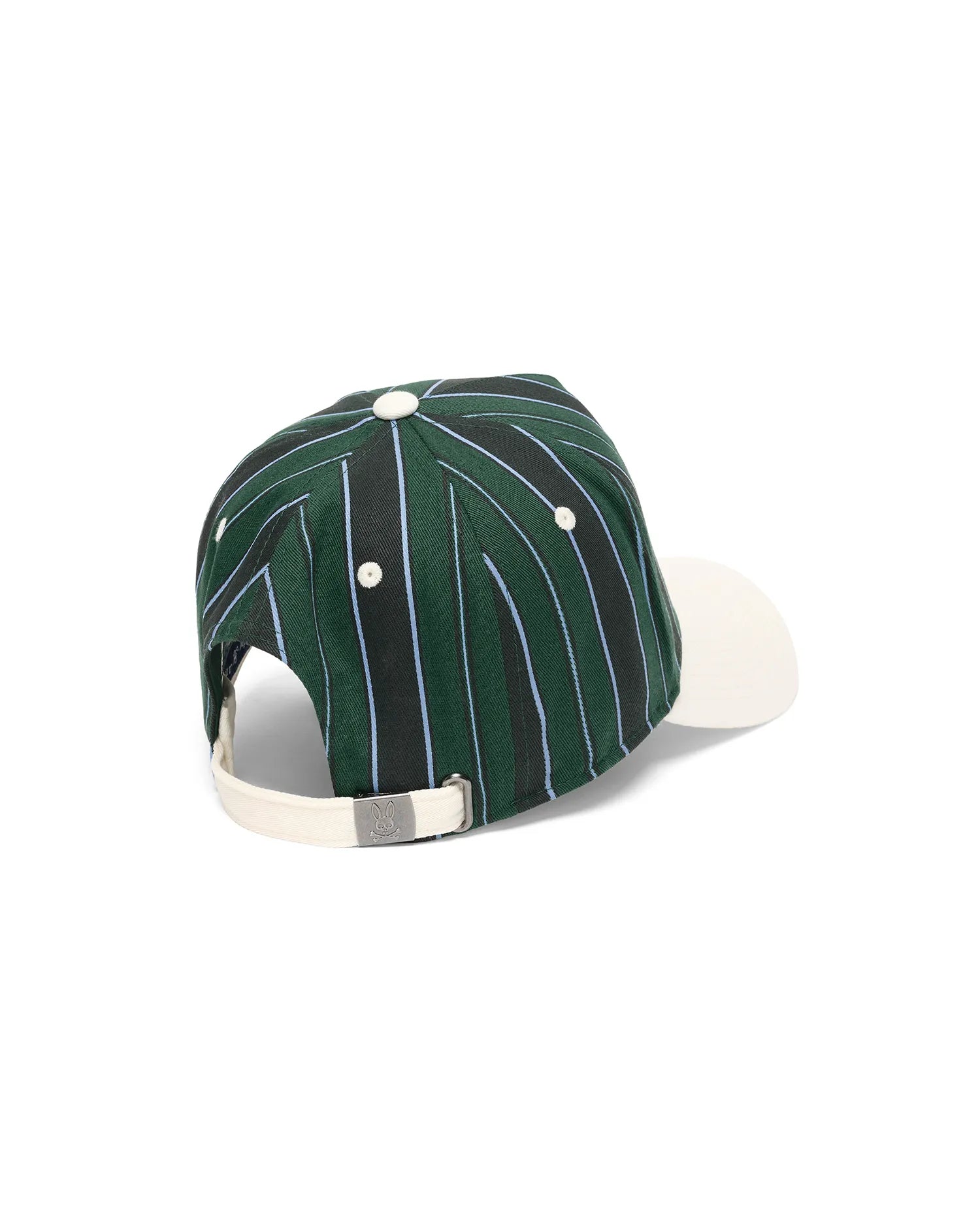 Mens Sable A-Frame Trucker Cap featuring a dark green woven body with black and light blue vertical stripes, an off-white brim, and a small Psycho Bunny skull logo on the metal buckle of the canvas-like adjustable back strap.