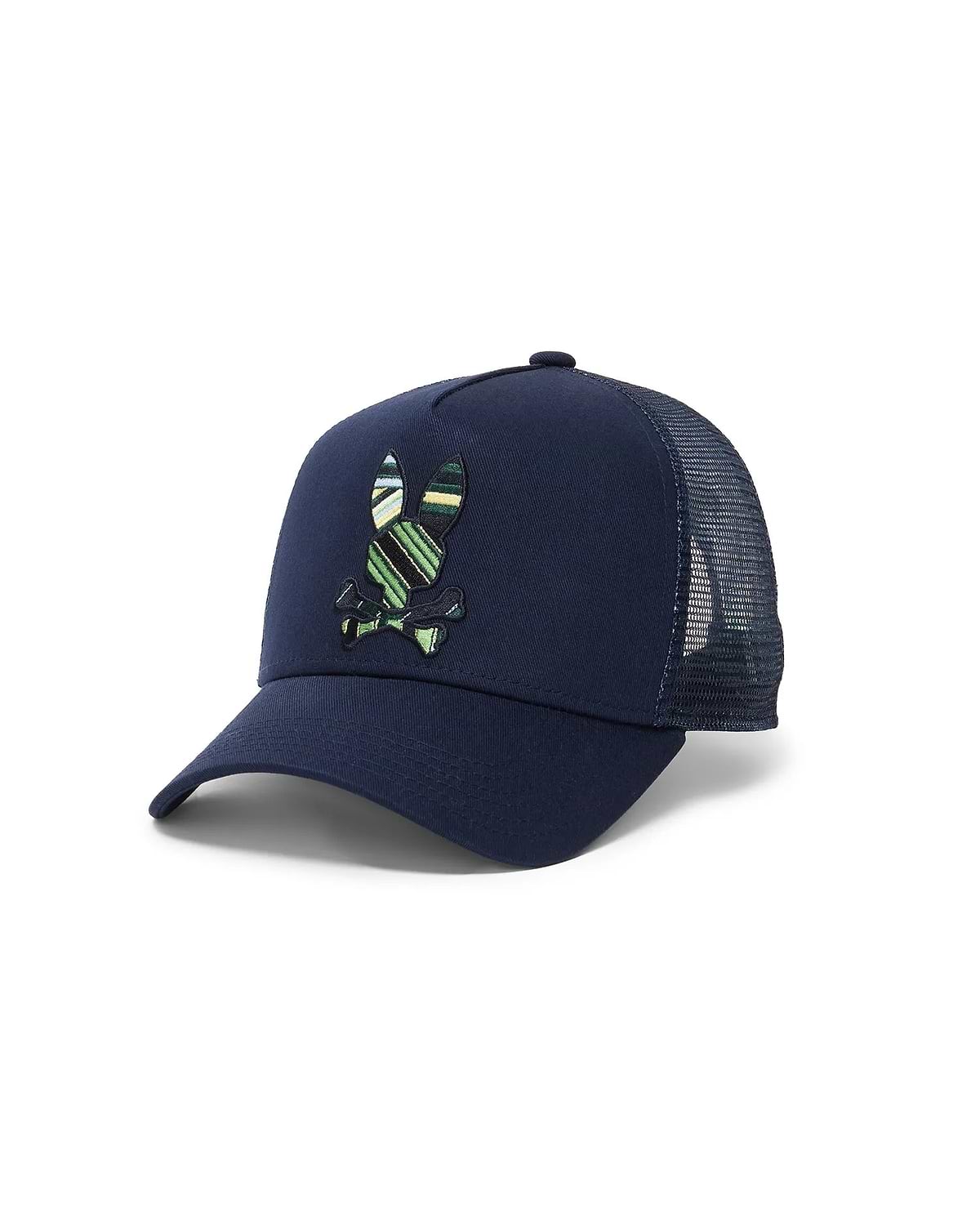 Mens Drew Trucker Cap, navy cotton twill front with breathable mesh back, featuring a large, prominently embroidered Psycho Bunny skull logo in green, yellow, and white stripes.