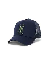 Mens Drew Trucker Cap, navy cotton twill front with breathable mesh back, featuring a large, prominently embroidered Psycho Bunny skull logo in green, yellow, and white stripes.