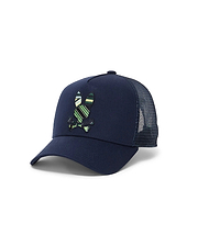 Mens Drew Trucker Cap, navy cotton twill front with breathable mesh back, featuring a large, prominently embroidered Psycho Bunny skull logo in green, yellow, and white stripes.