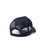 Navy Mens Drew Trucker Cap with breathable mesh back, solid front panels, and a white embroidered Psycho Bunny script logo on the rear, featuring an adjustable snapback closure.