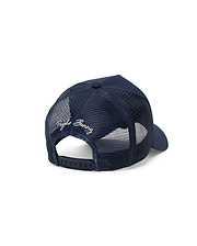 Navy Mens Drew Trucker Cap with breathable mesh back, solid front panels, and a white embroidered Psycho Bunny script logo on the rear, featuring an adjustable snapback closure.