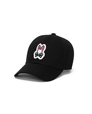 Mens Jaydon Baseball Cap, a black classic twill cap featuring the iconic, prominently embroidered white and red Psycho Bunny skull logo centered on the front panel.