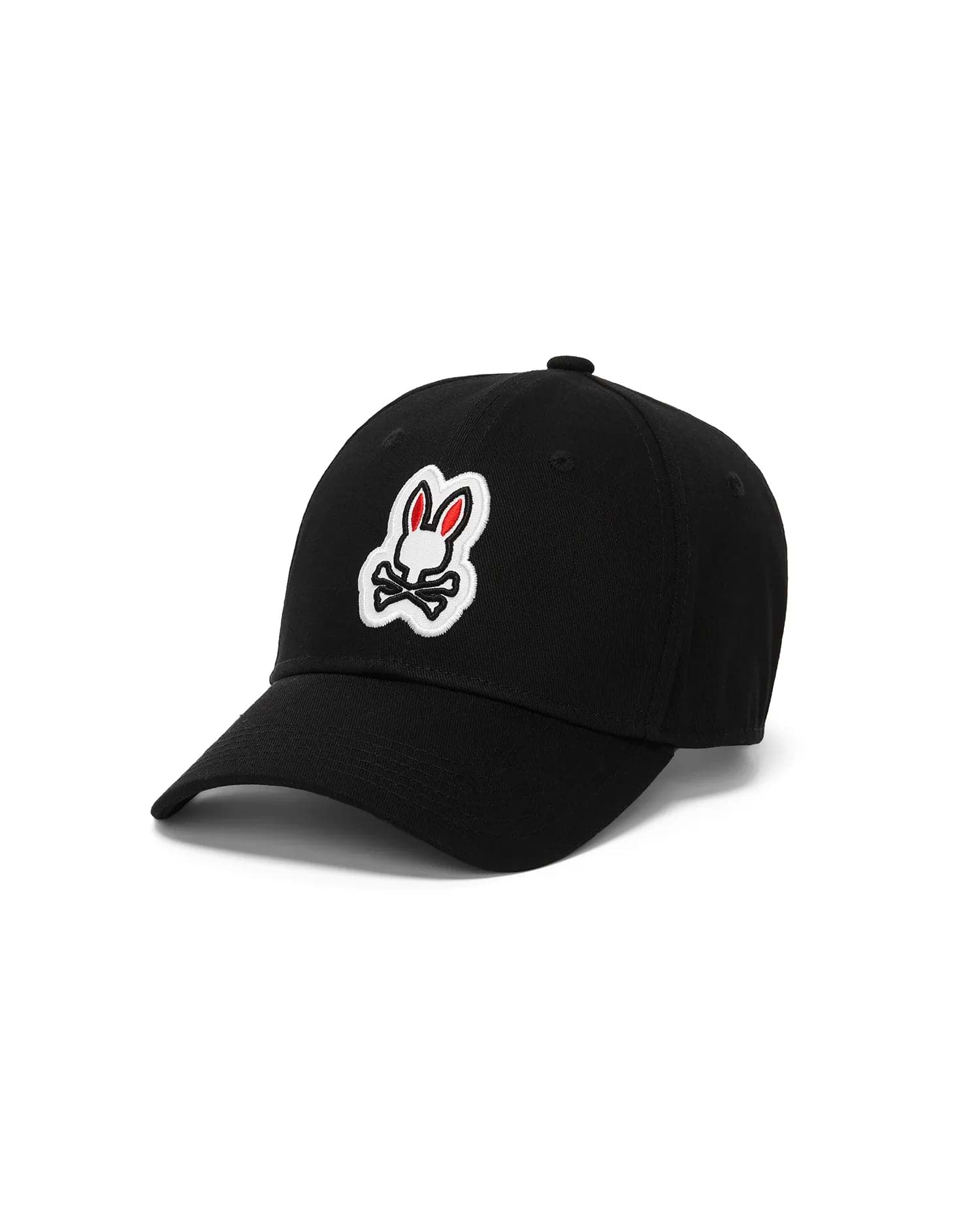 Mens Jaydon Baseball Cap, a black classic twill cap featuring the iconic, prominently embroidered white and red Psycho Bunny skull logo centered on the front panel.