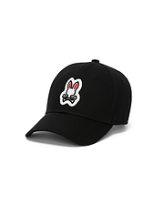 Mens Jaydon Baseball Cap, a black classic twill cap featuring the iconic, prominently embroidered white and red Psycho Bunny skull logo centered on the front panel.