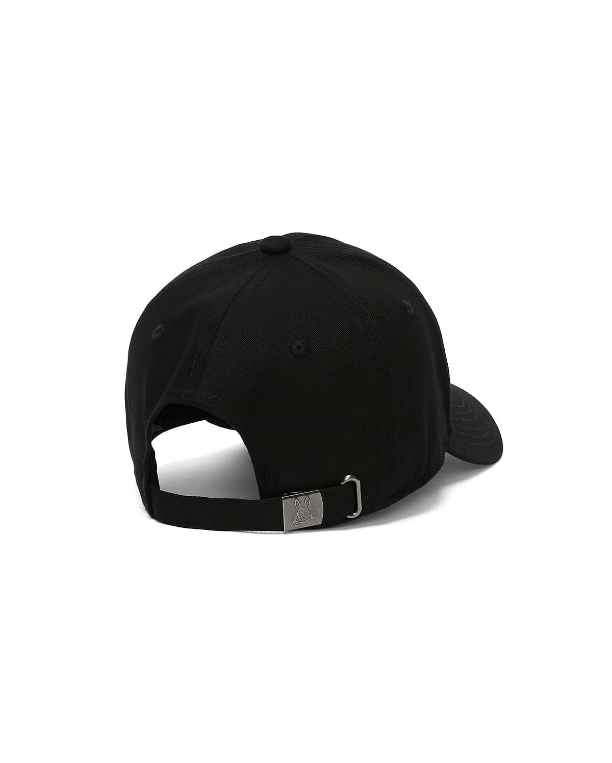 Black Mens Jaydon Baseball Cap in smooth cotton twill, featuring an adjustable strap and a gunmetal buckle with an engraved Psycho Bunny skull logo at the back.