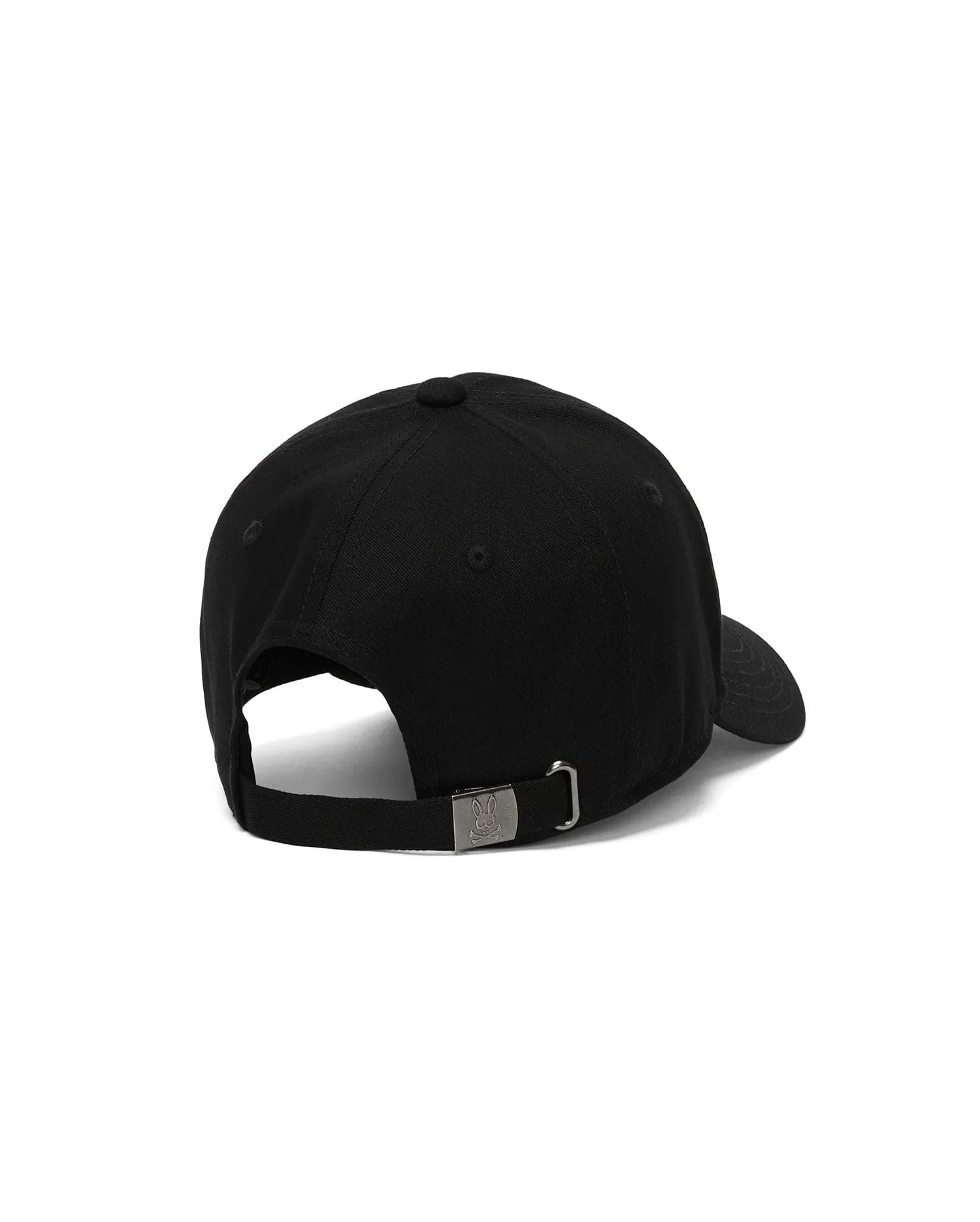 Black Mens Jaydon Baseball Cap in smooth cotton twill, featuring an adjustable strap and a gunmetal buckle with an engraved Psycho Bunny skull logo at the back.