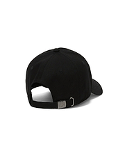 Black Mens Jaydon Baseball Cap in smooth cotton twill, featuring an adjustable strap and a gunmetal buckle with an engraved Psycho Bunny skull logo at the back.