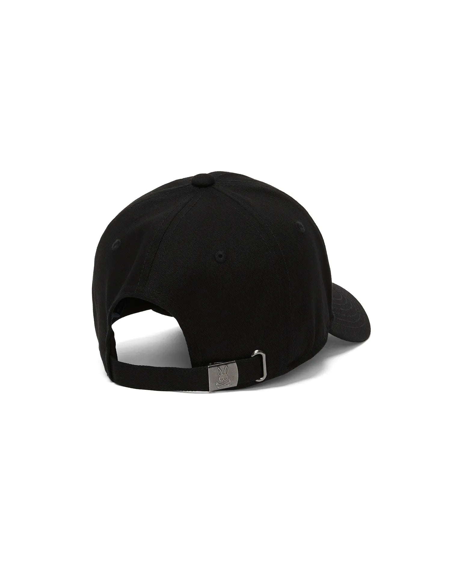 Black Mens Jaydon Baseball Cap in smooth cotton twill, featuring an adjustable strap and a gunmetal buckle with an engraved Psycho Bunny skull logo at the back.