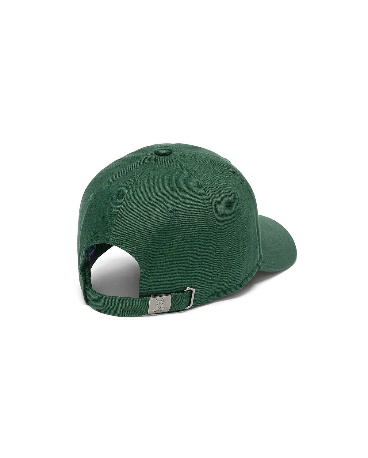 Mens Ambrose Baseball Cap, dark green cotton twill with an adjustable strap and a silver metal buckle featuring an engraved Psycho Bunny skull logo at the back.