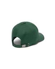 Mens Ambrose Baseball Cap, dark green cotton twill with an adjustable strap and a silver metal buckle featuring an engraved Psycho Bunny skull logo at the back.