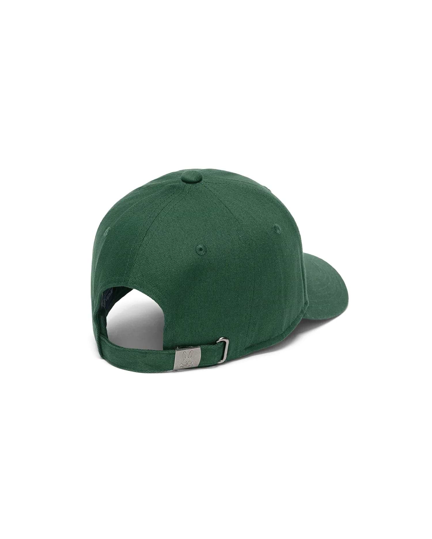 Mens Ambrose Baseball Cap, dark green cotton twill with an adjustable strap and a silver metal buckle featuring an engraved Psycho Bunny skull logo at the back.