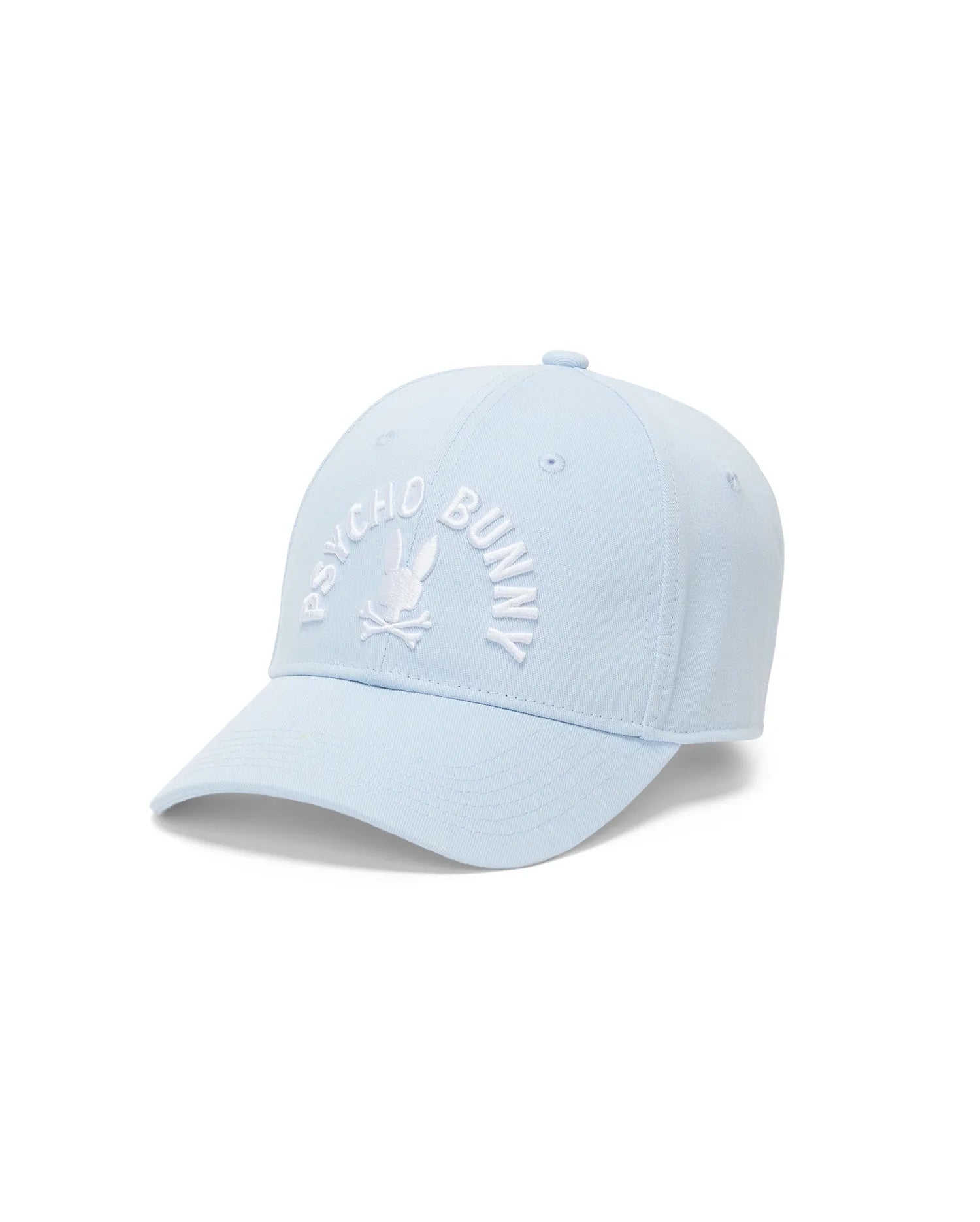 Light blue cotton twill Mens Ambrose Baseball Cap featuring a large, centered white embroidered Psycho Bunny skull logo with arched Psycho Bunny text on the front.