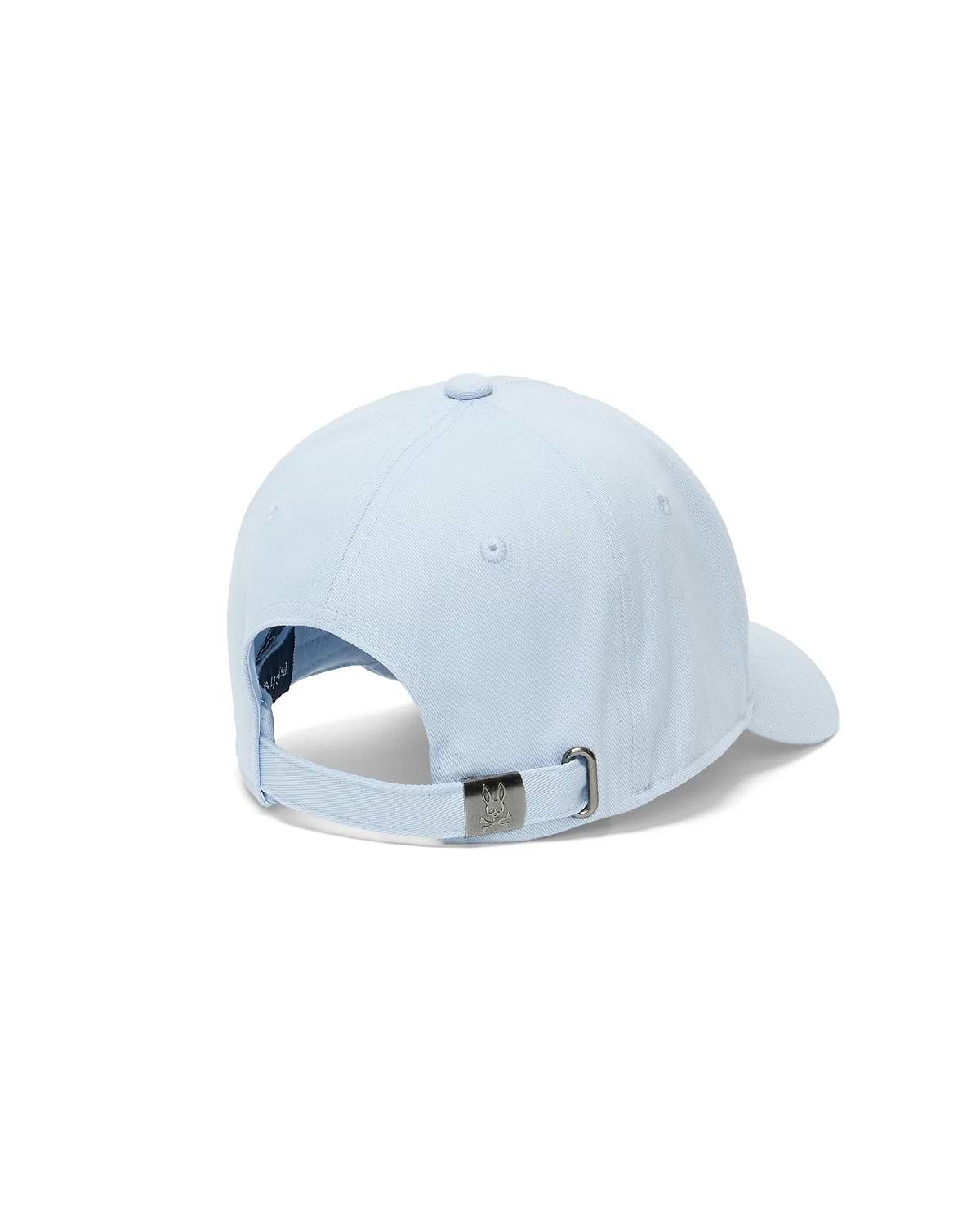 Mens Ambrose Baseball Cap, a classic fit in light blue cotton twill, featuring an adjustable strap with a gunmetal buckle engraved with the iconic Psycho Bunny skull logo.