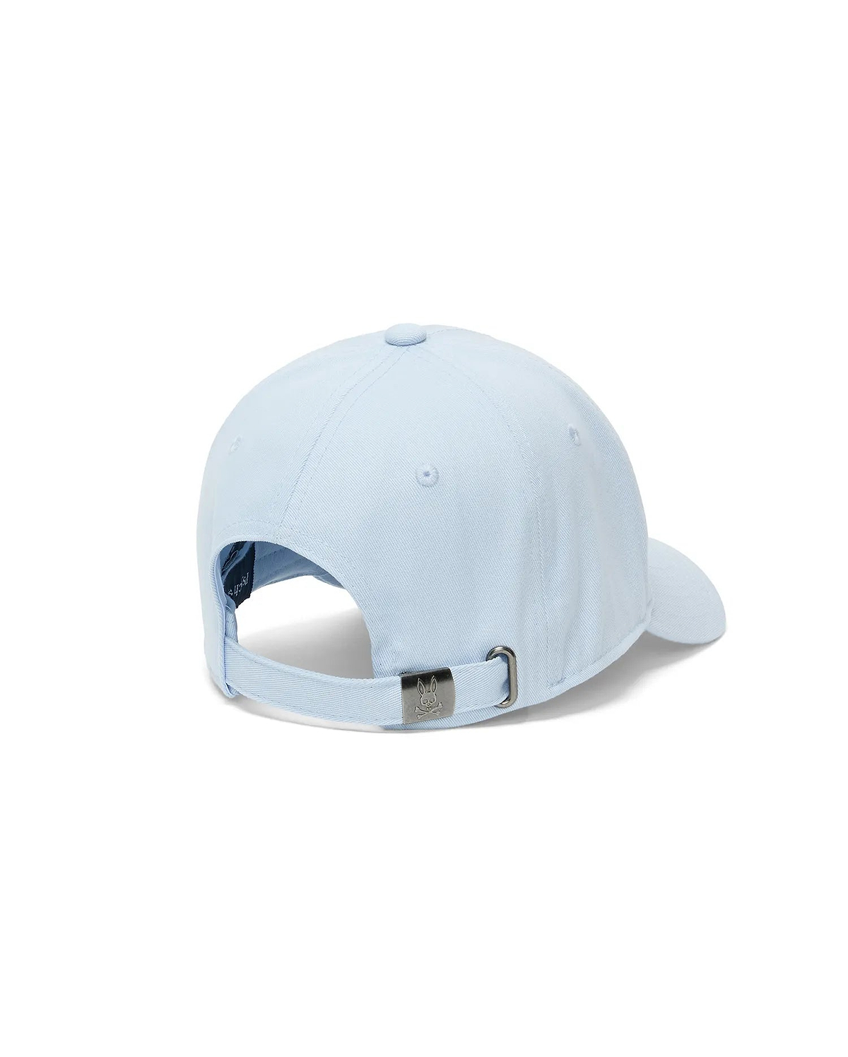 Mens Ambrose Baseball Cap, a classic fit in light blue cotton twill, featuring an adjustable strap with a gunmetal buckle engraved with the iconic Psycho Bunny skull logo.