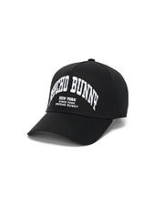 Black Mens Nathaniel A-Frame Trucker Cap featuring large white embroidered arched Psycho Bunny text and smaller New York Since 2005 Psycho Bunny branding on the front.