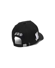Mens Nathaniel A-Frame Trucker Cap in black, featuring three small white embroidered bunny skull logos on the back, a large white embroidered bunny skull on the right side, and a silver metal buckle with an embossed bunny skull.