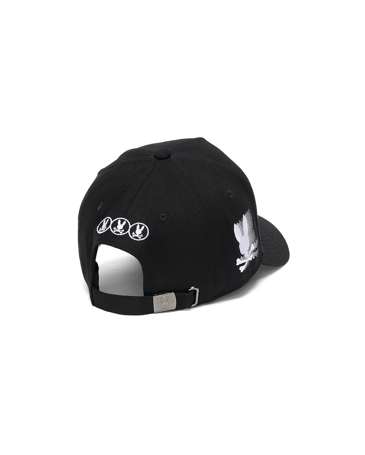 Mens Nathaniel A-Frame Trucker Cap in black, featuring three small white embroidered bunny skull logos on the back, a large white embroidered bunny skull on the right side, and a silver metal buckle with an embossed bunny skull.