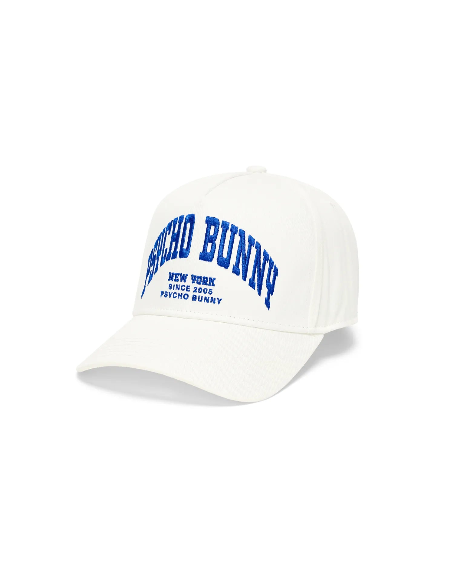 White Mens Nathaniel A-Frame Trucker Cap with a smooth cotton twill texture, featuring a large, arched blue embroidered Psycho Bunny logo and New York Since 2005 text on the front.