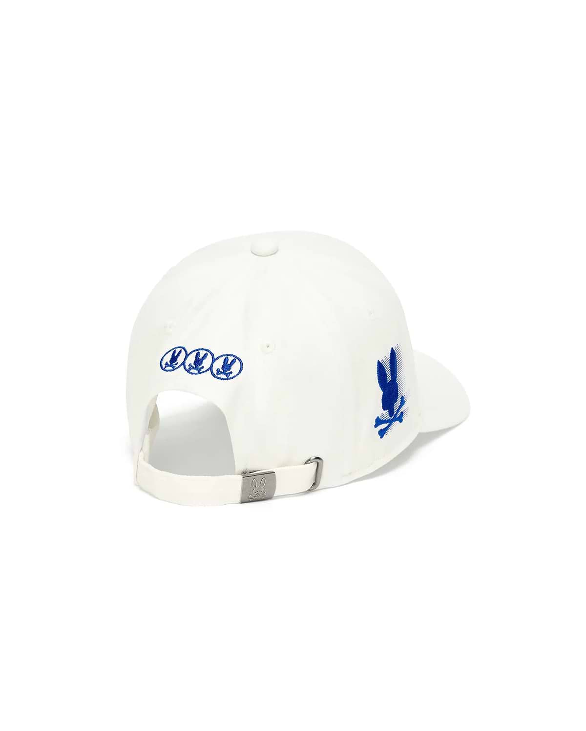 White Mens Nathaniel A-Frame Trucker Cap with three small blue embroidered bunny skull logos on the back, a larger blue distressed bunny skull on the right side, and a metal buckle with an embossed logo.