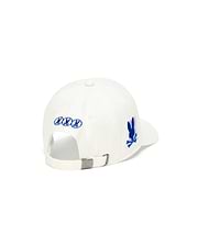 White Mens Nathaniel A-Frame Trucker Cap with three small blue embroidered bunny skull logos on the back, a larger blue distressed bunny skull on the right side, and a metal buckle with an embossed logo.
