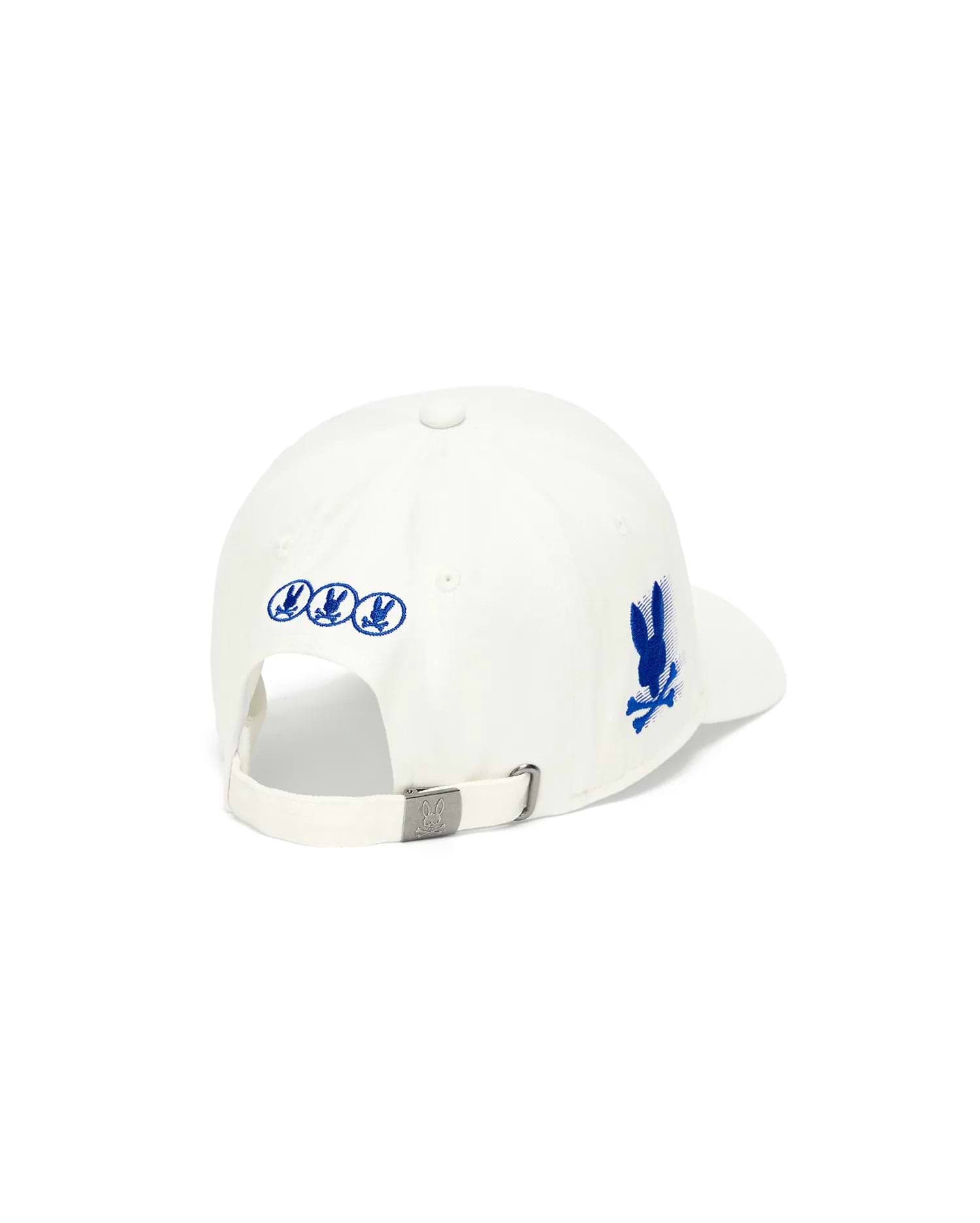 White Mens Nathaniel A-Frame Trucker Cap with three small blue embroidered bunny skull logos on the back, a larger blue distressed bunny skull on the right side, and a metal buckle with an embossed logo.