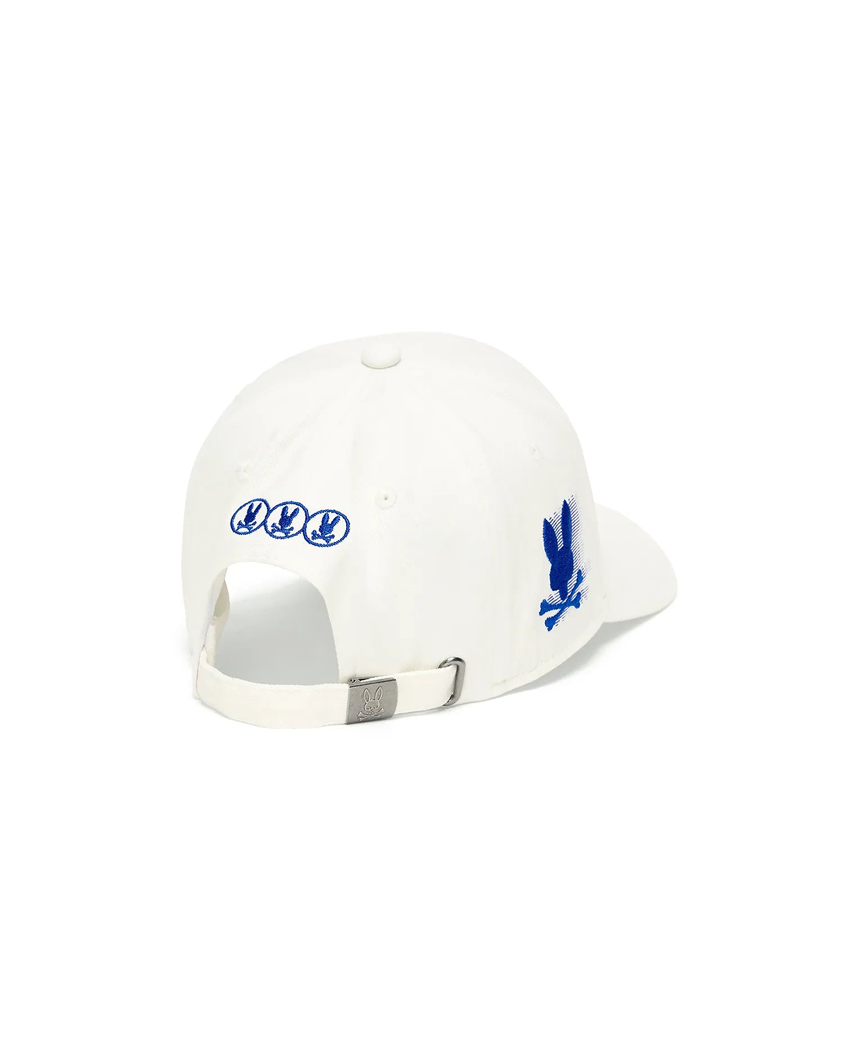 White Mens Nathaniel A-Frame Trucker Cap with three small blue embroidered bunny skull logos on the back, a larger blue distressed bunny skull on the right side, and a metal buckle with an embossed logo.