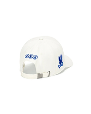 White Mens Nathaniel A-Frame Trucker Cap with three small blue embroidered bunny skull logos on the back, a larger blue distressed bunny skull on the right side, and a metal buckle with an embossed logo.