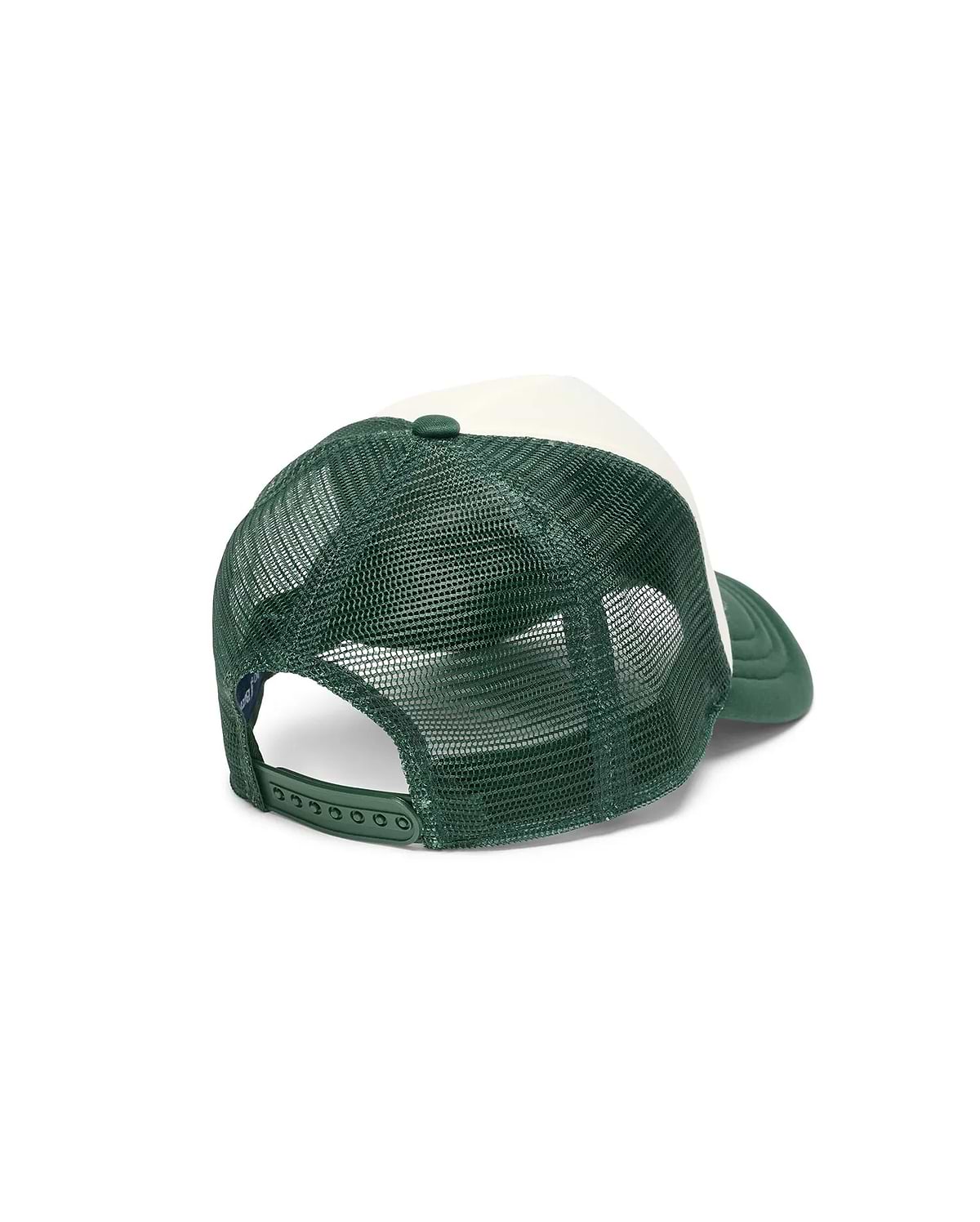 Mens Mike Trucker Cap in dark green and cream, featuring a breathable mesh back, solid front panels, and an adjustable green snapback closure.