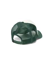 Mens Mike Trucker Cap in dark green and cream, featuring a breathable mesh back, solid front panels, and an adjustable green snapback closure.