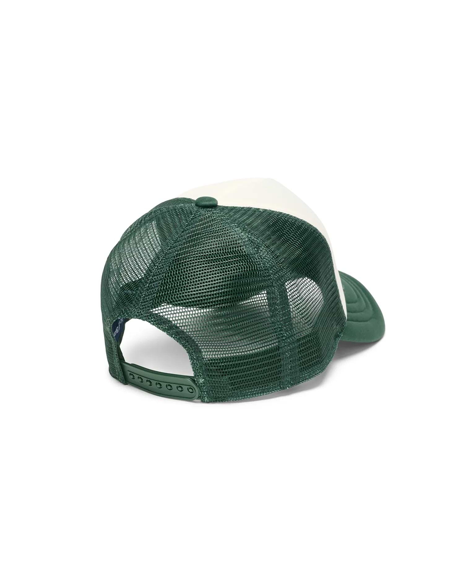 Mens Mike Trucker Cap in dark green and cream, featuring a breathable mesh back, solid front panels, and an adjustable green snapback closure.