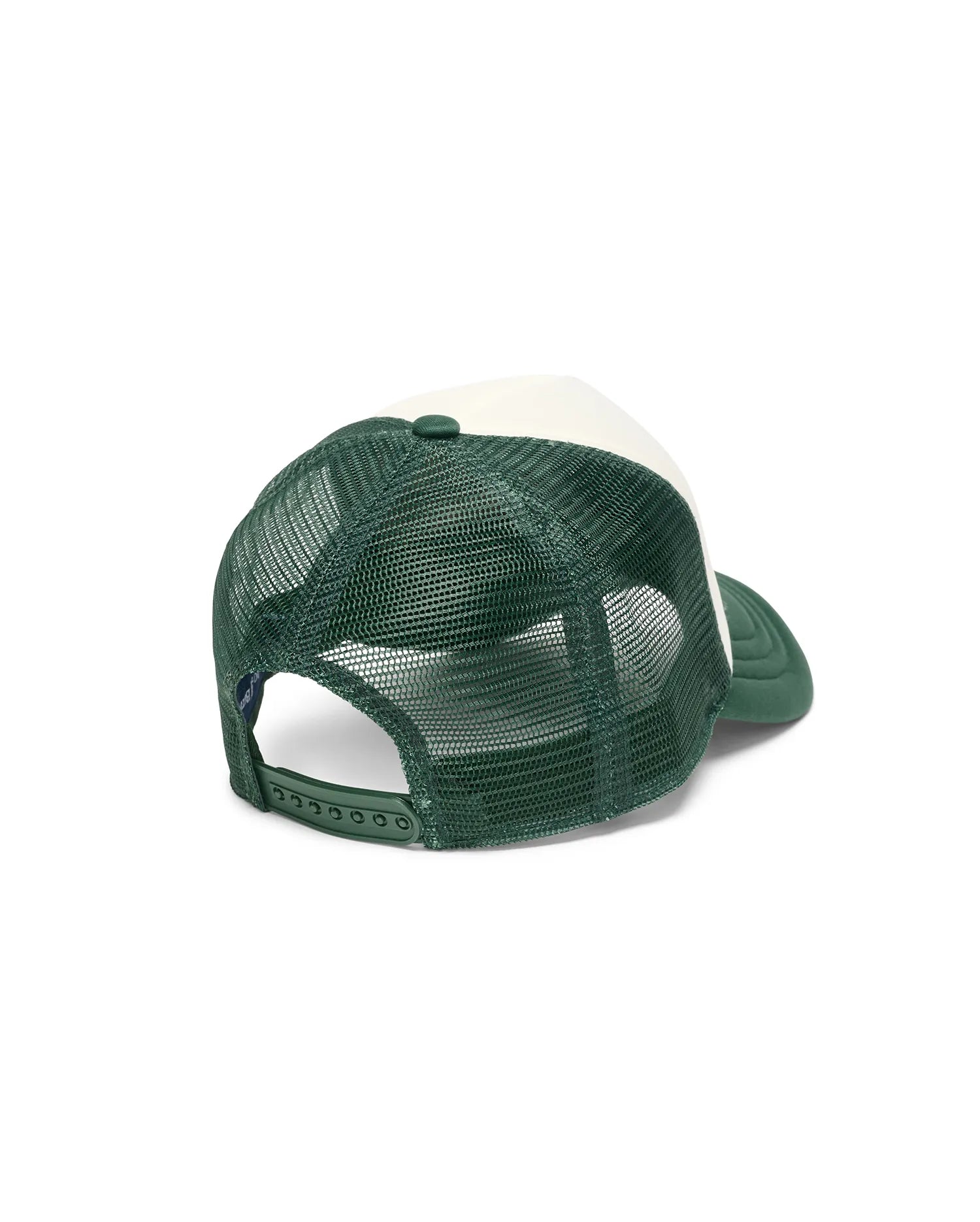 Mens Mike Trucker Cap in dark green and cream, featuring a breathable mesh back, solid front panels, and an adjustable green snapback closure.