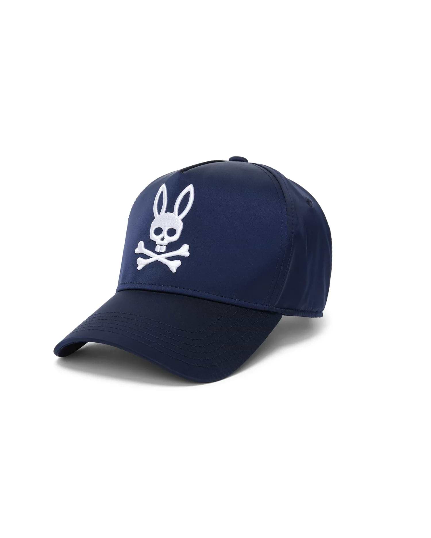 Navy Mens Finnley A-Frame Trucker Cap featuring a prominent white embroidered Psycho Bunny skull logo on the front, crafted from smooth, structured fabric.